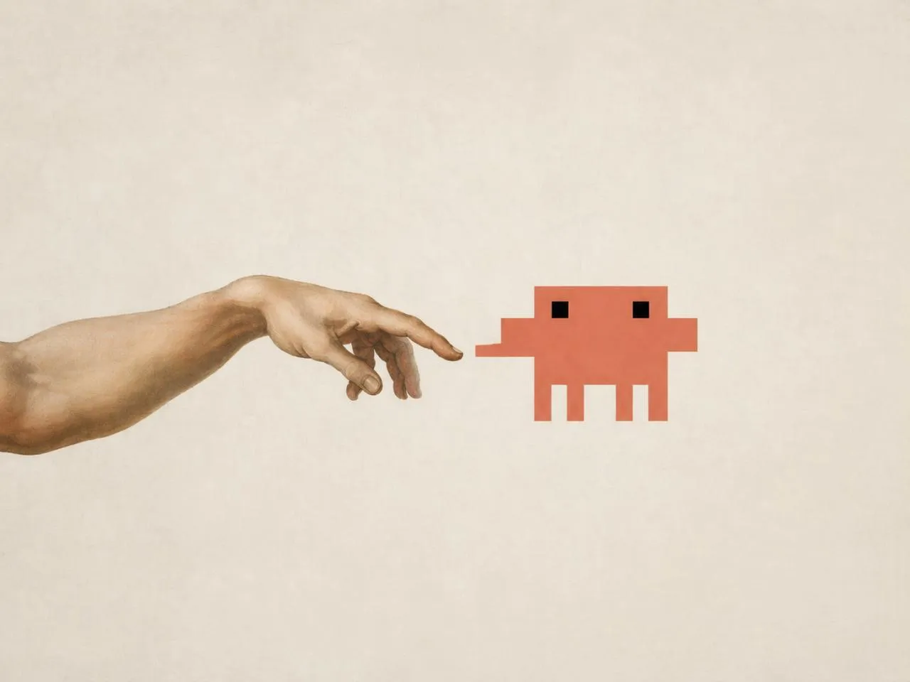 Michelangelo's Creation of Adam — a human hand reaching out to a small pixel-art creature instead of God