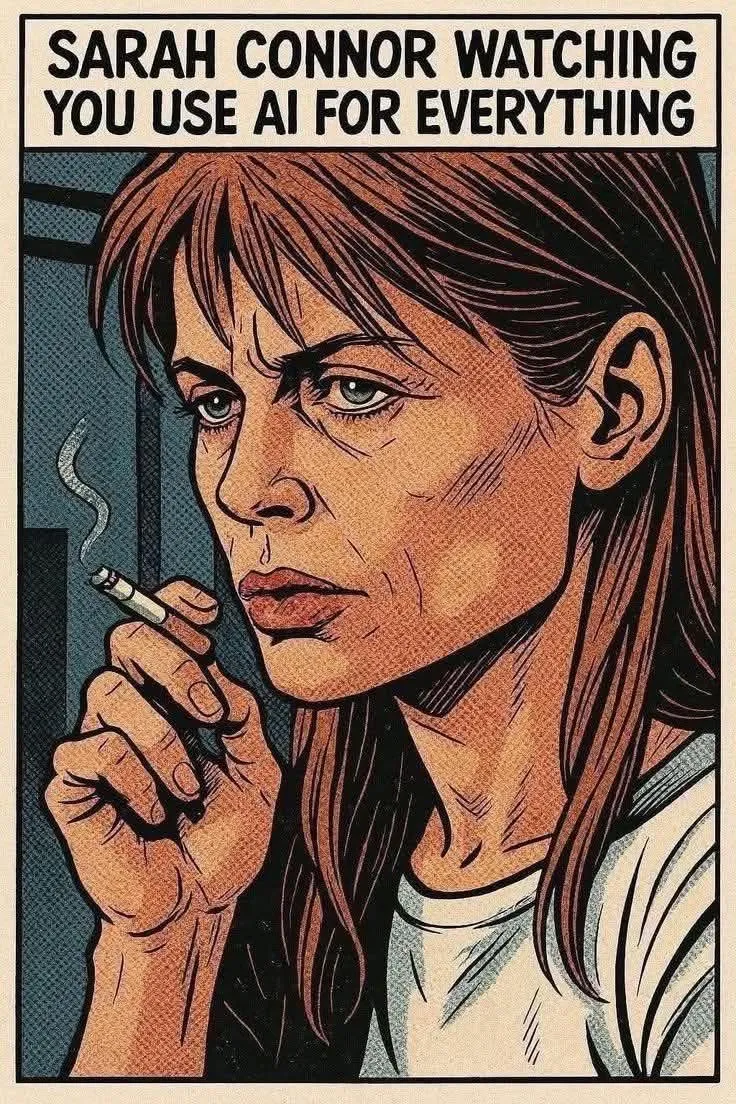 Comic-style illustration of Sarah Connor smoking a cigarette and staring, captioned "Sarah Connor watching you use AI for everything"